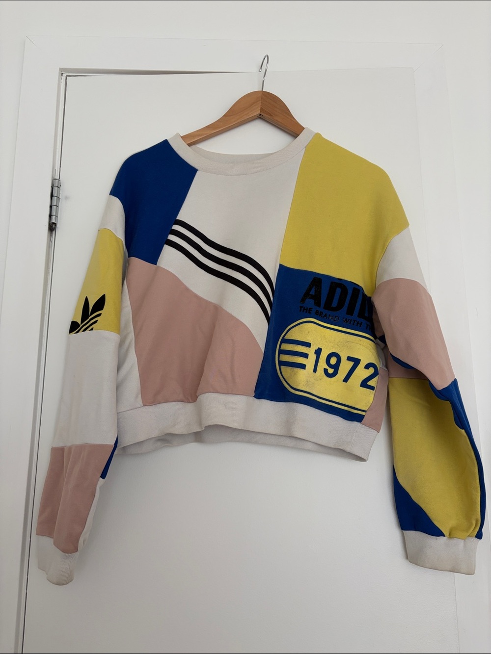 adidas Patchwork Crop Crewneck Sweatshirt in Yellow, Blue, Pink, White